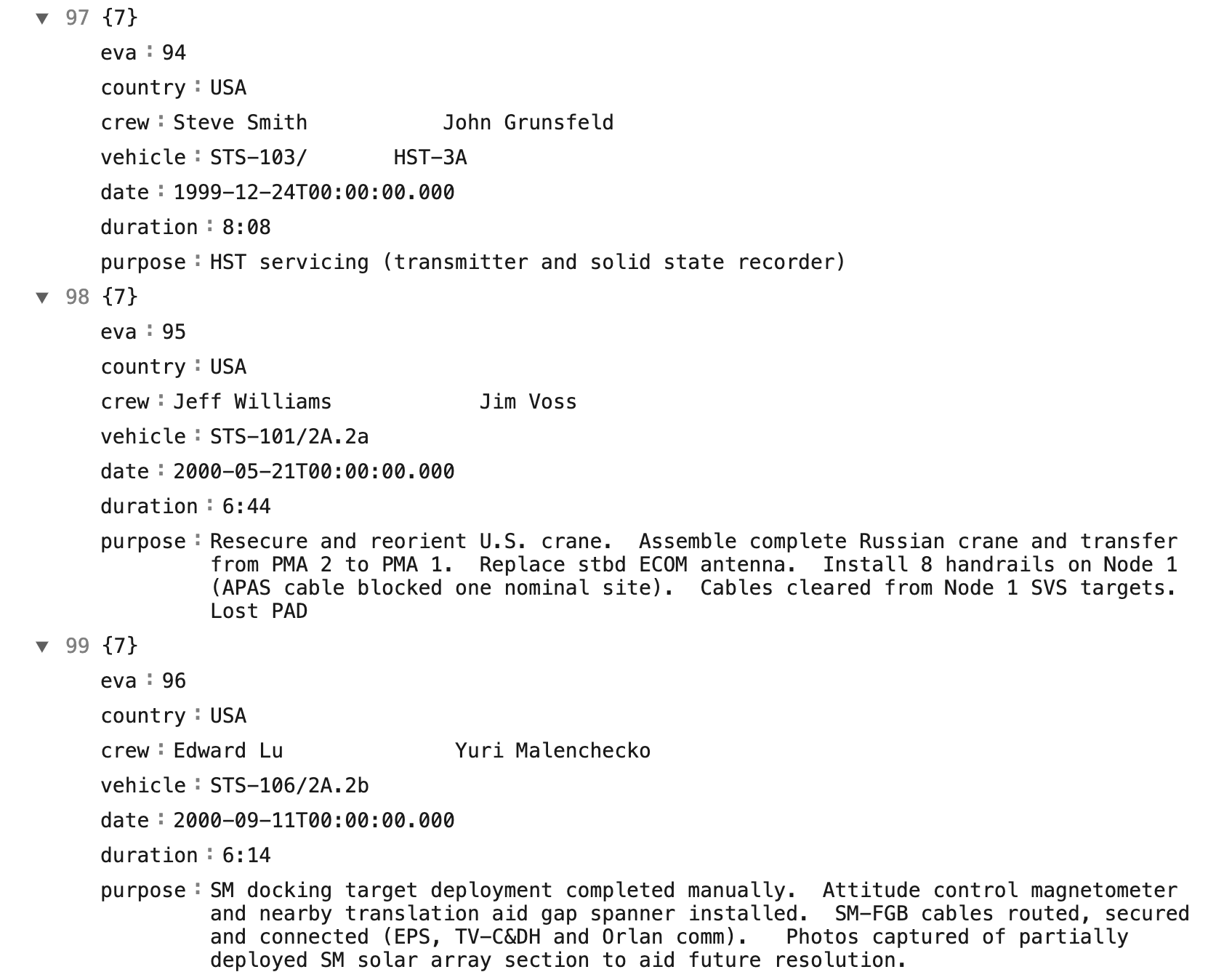 JSON data file snippet showing EVA/spacewalk data including EVA ID, country, crew members, vehicle type, date of the spacewalk, duration, and purpose