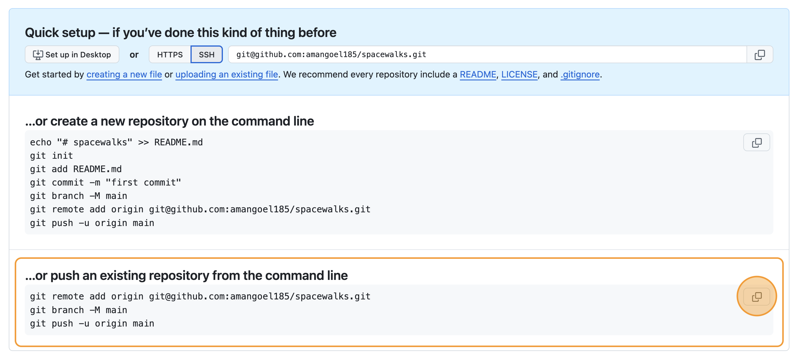 Copying the commands to sync the local and remote repositories from the remote repository's home page on GitHub