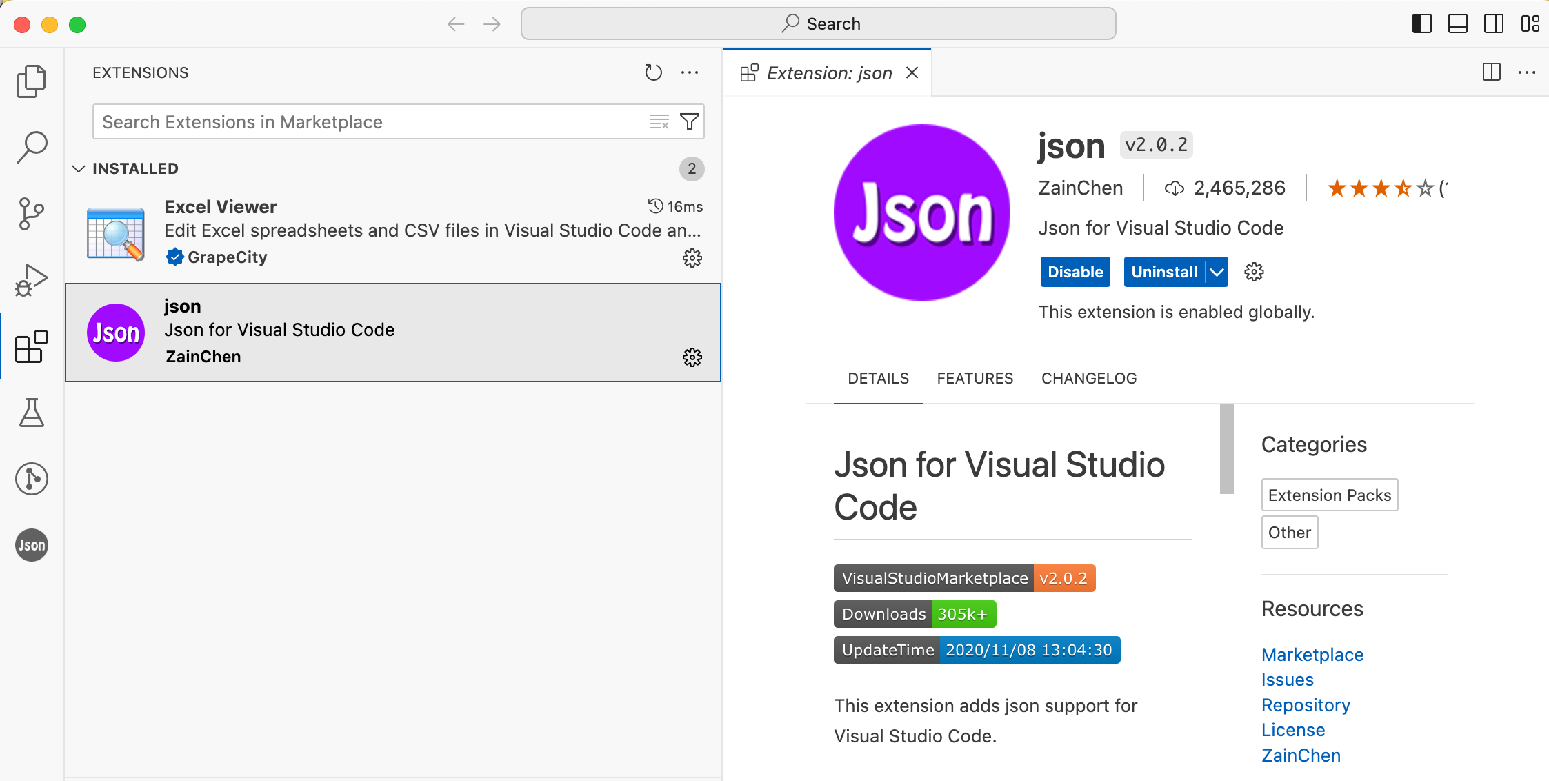 Screenshot of Extension Marketplace View in VS Code showing the CSV and JSON data editor and viewer extensions among the installed extensions on the left with the JSON extension selected and details of this extension showing in the pane on the right with buttons to uninstall and disable it