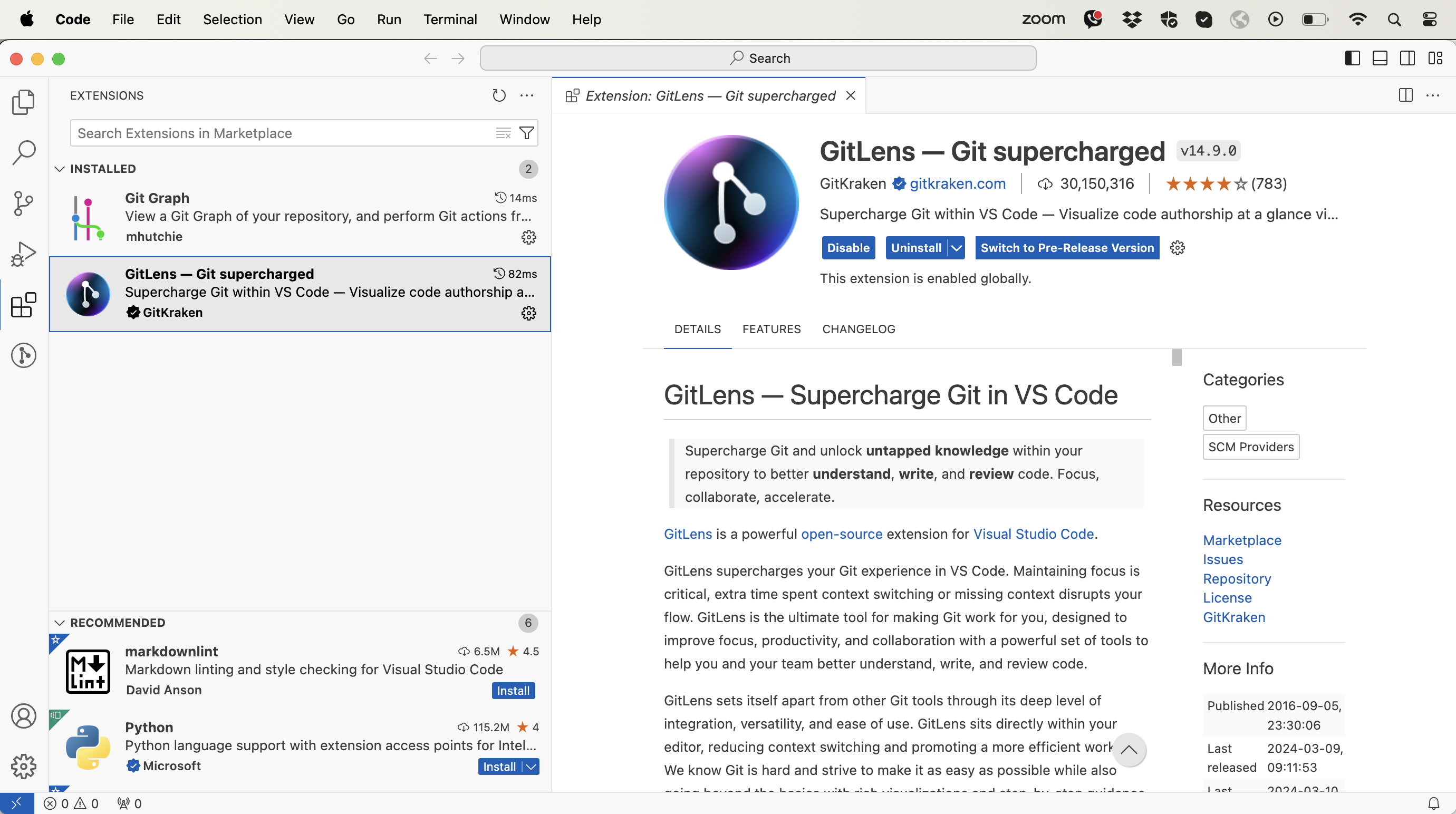 Screenshot of Extension Marketplace View in VS Code showing the GitLens and Git Graph extensions under installed extensions on the left with the GitLens extension selected and details of GitLens extension in the pane on the right with buttons to uninstall and disable it