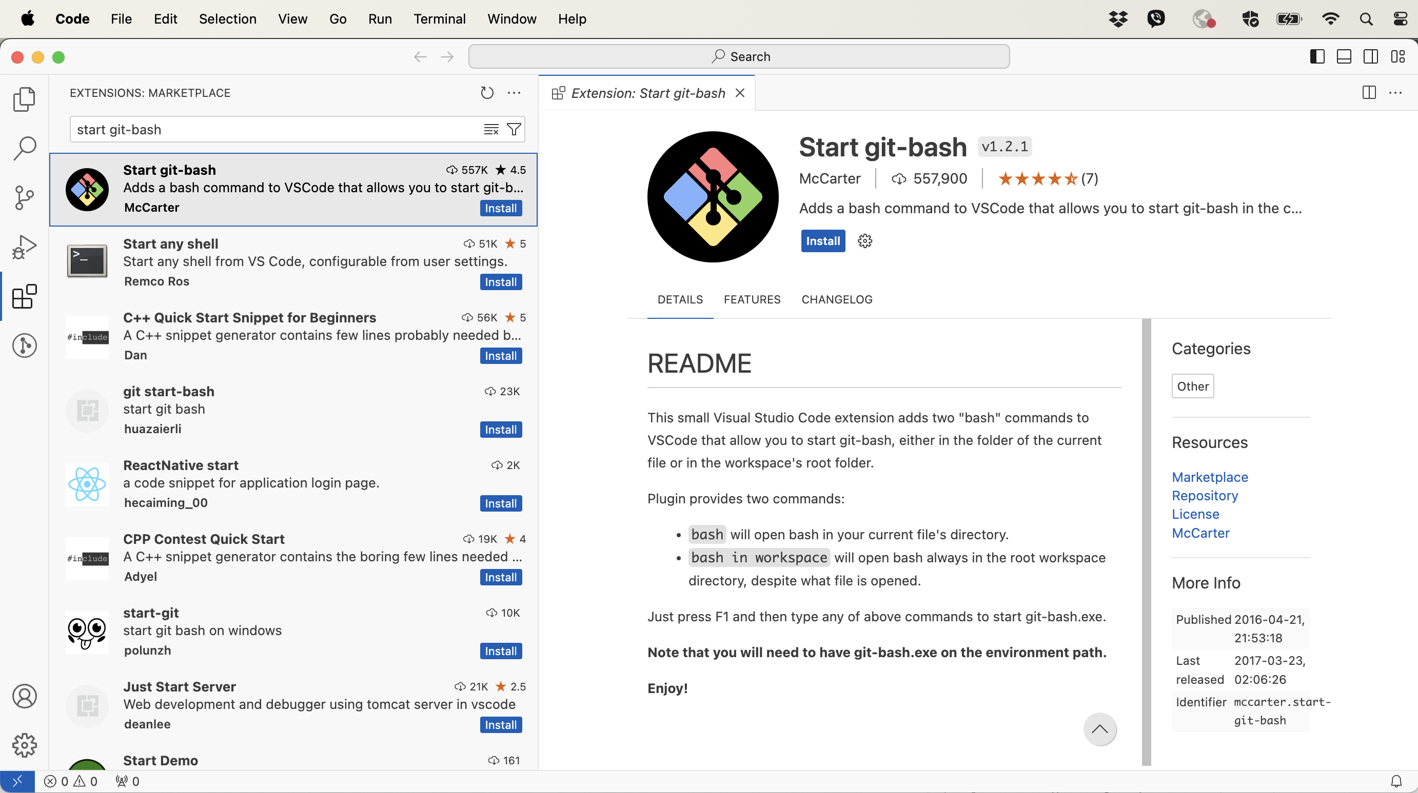 Screenshot of Extension Marketplace View in VS Code showing the 'Start git-bash' extension selected in the search result list on the left and the extension details in the pane on the right with a button to install it