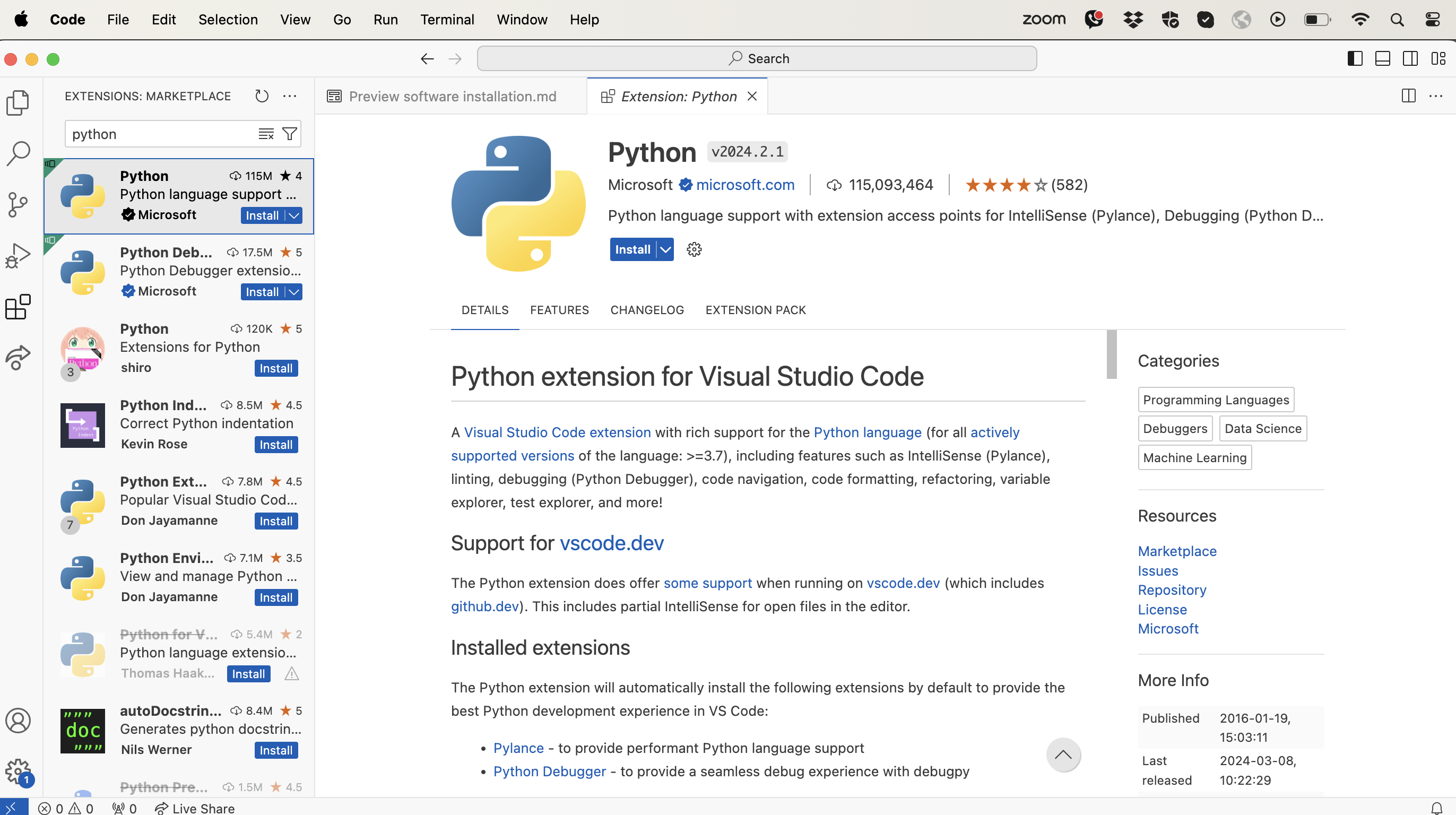 Screenshot of Extension Marketplace View in VS Code showing the search results for the term 'python' in the search result list on the left with the 'Python by Microsoft' extension selected and details of this extension showing in the pane on the right with a button to install it