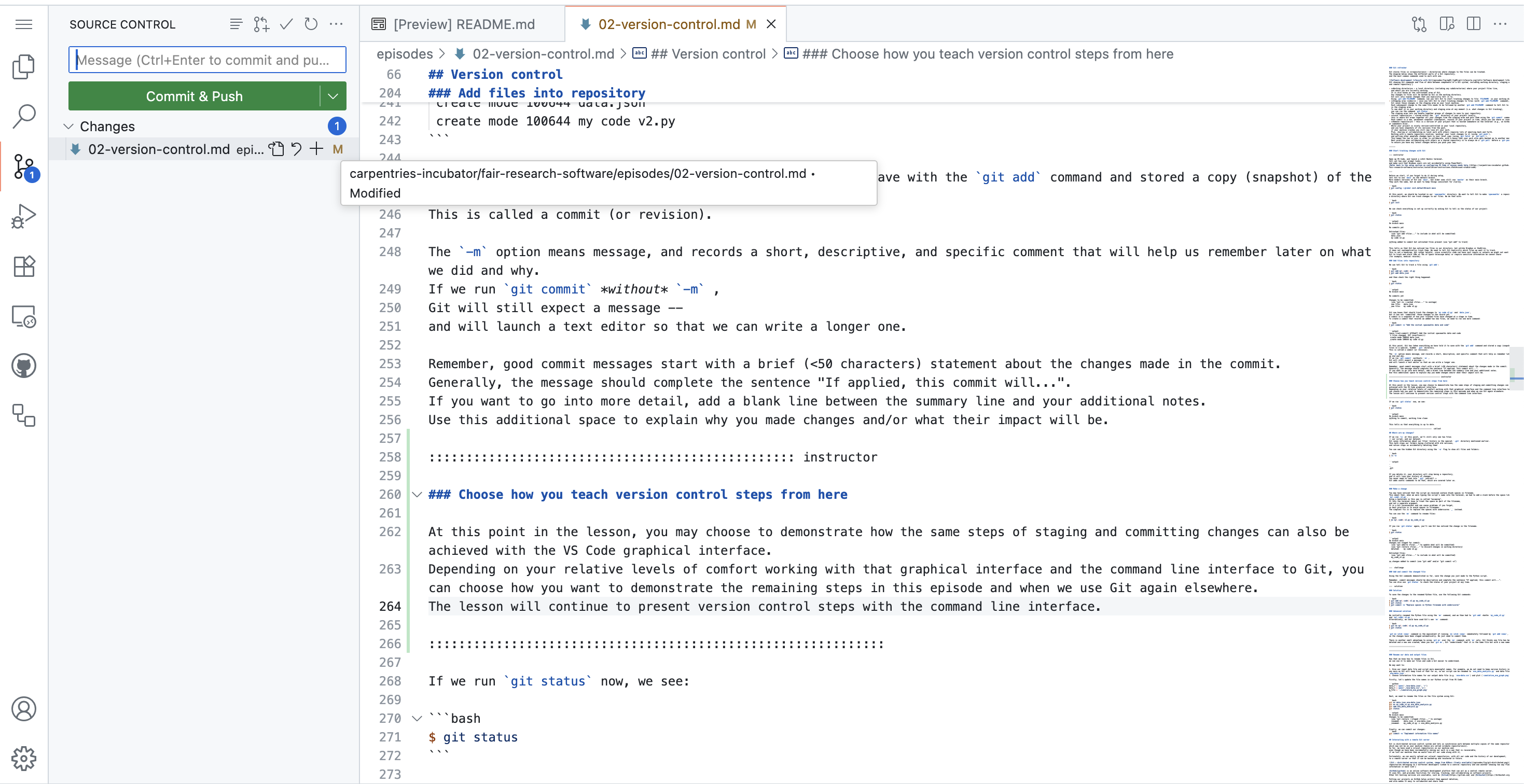 Screenshot of VS Code with the SOURCE CONTROL interface open in the left hand pane of the window. The interface shows one modified file staged for commit, an empty text input box where a commit message can be entered, and a green button labeled 'Commit & Push'