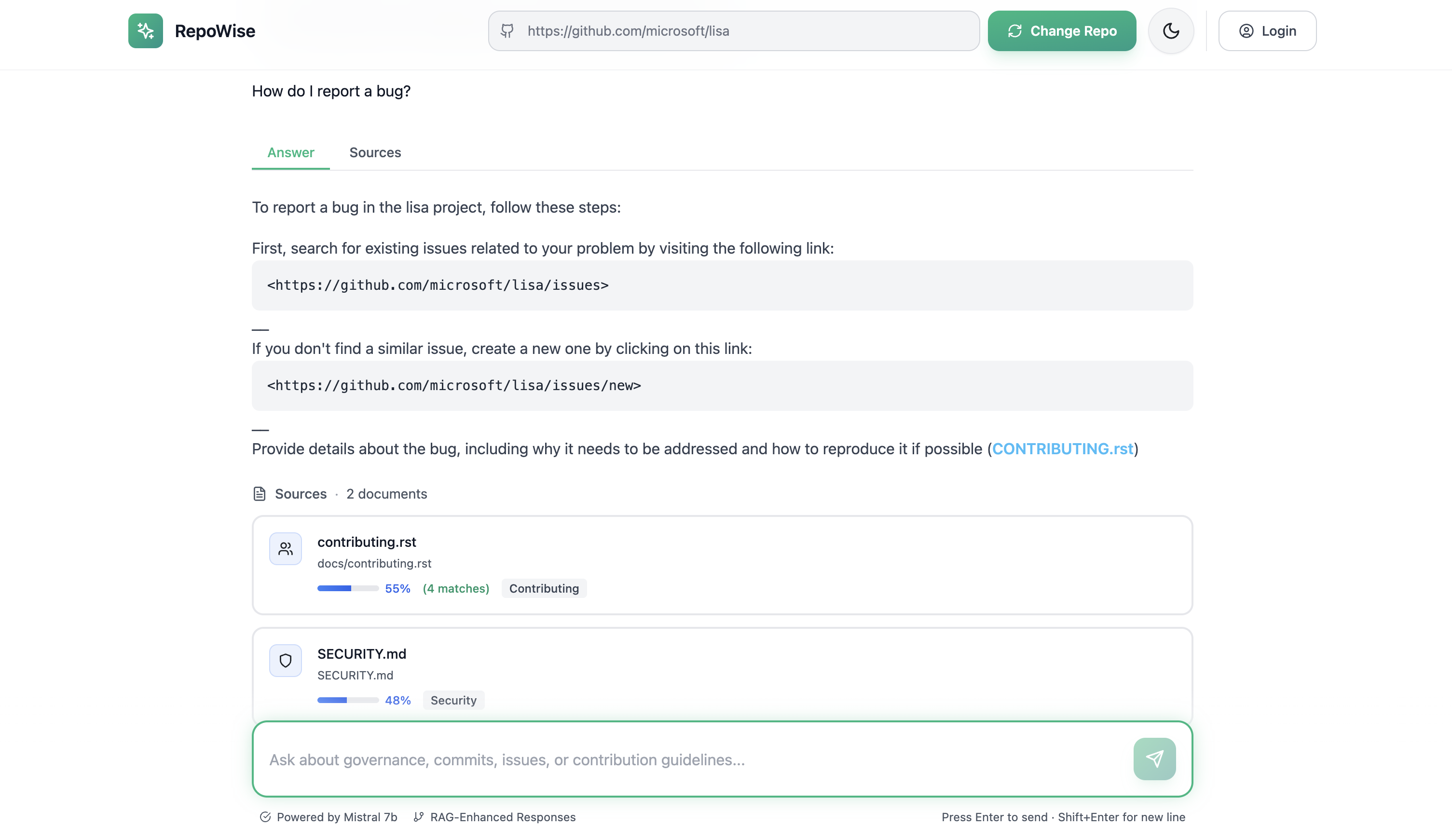 RepoWise in action: evidence-grounded answers with inline citations and source provenance